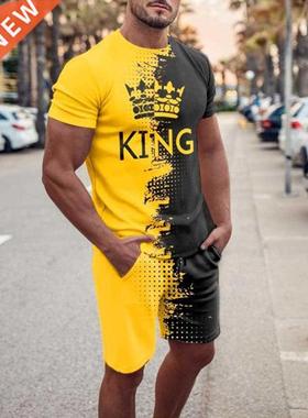 Summer New Men's T-Shirt + Shorts 2-Piece Set Of Crown King