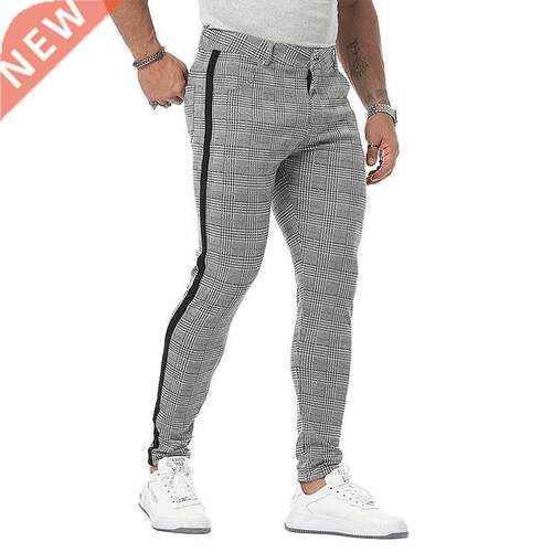 Mens Sreetwear Chinos Plaid Casual Pants Fitness Men Skiny B