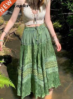 Rapcopter y2k Printed Green Long Skirts Retro Kawaii Lace Up