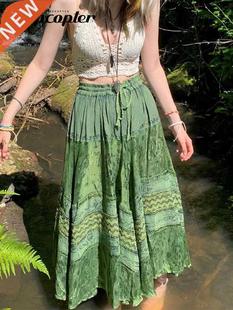 Rapcopter y2k Printed Green Long Skirts Retro Kawaii Lace Up