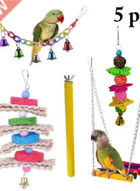 5pcs Bird Parrot Toy with Bell Natural Wooden Grass Chewing