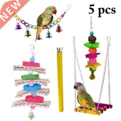5pcs Bird Parrot Toy with Bell Natural Wooden Grass Chewing