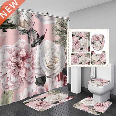 Big Flower Shower Curtain Mat Set with Carpet Bath Screen f