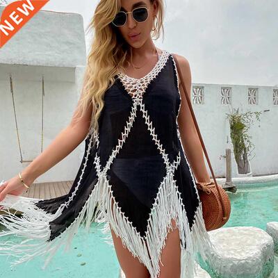 Women Fashion Wave Print Fringed Suspender each Dress Cover
