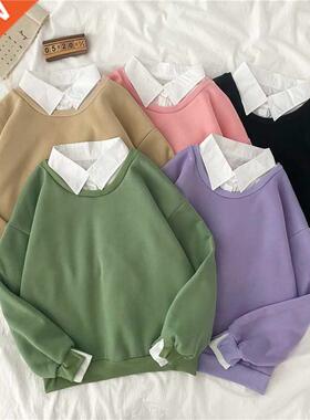 autumn winter Fake two-piece oversized women sweatshirt Kore