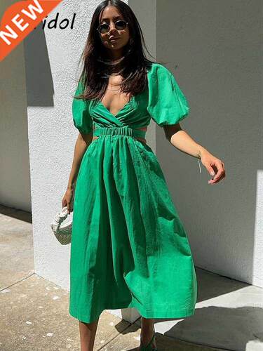Foridol V Neck Waist Cut Out Elastic Cotton Green Dress Lant