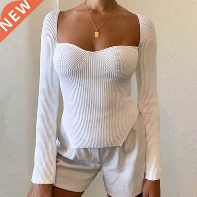 Square Collar Long Sleeve Woman Sweaters Knitted Pullover Wo