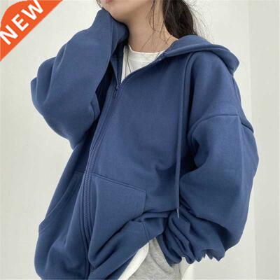 Women Oversized Hoodies Autumn Casual Solid Zipper Sweatir