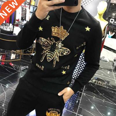 Autumn nd Bee Crown Embroidered Slim O-neck Pullover Sweatsh