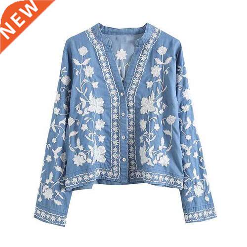 women denim cardigan blouse poncho embroidery drop-shoulder