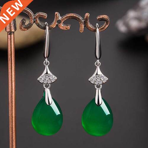 Natural Green Jade Chalcedony Water Drop Earrings 925 Silver