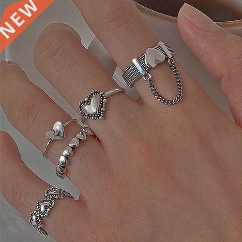 Fashion Heart Rings Set Love Chain Kpop Punk Rings for Coupl