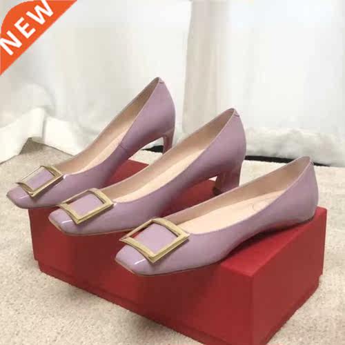 New Patent Leather Single Shoes Women's Square Toe Square Bu