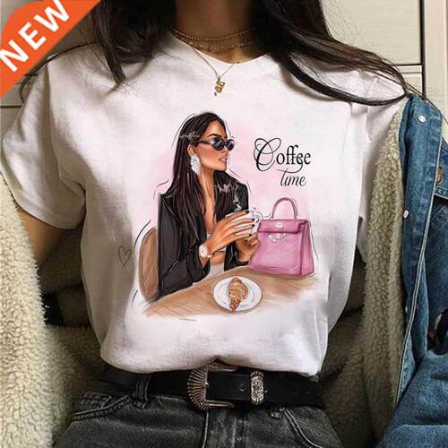 Fashion Women T Shirt Coffee Time and Girl Printed T Shirt F