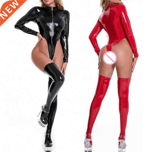 Women Bodysuit + Stockings Tow Piece Sets PU Leather Long Sl