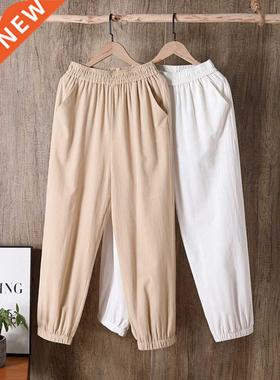 2022 Spring Summer Casual Cotton Linen Pants Women Elaic W