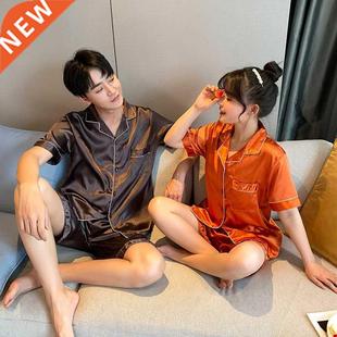 Solid Color Sleepwear Silk Satin Pajamas Couple Set Short Bu