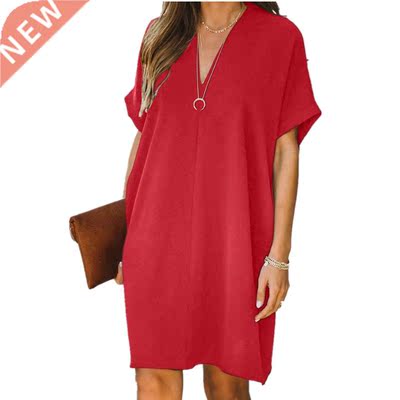 Summer new V-neck long-sleeved solid color loose dress