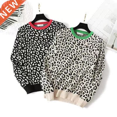 2022 Autumn Women O-Neck Pullovers Leopard Print Women Vinta