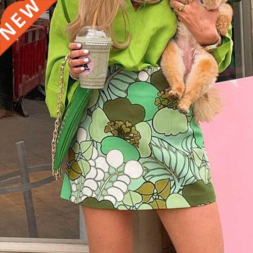 Harajuku Hand-Painted Green Skirt Girls Y2K Aesthetic Floral