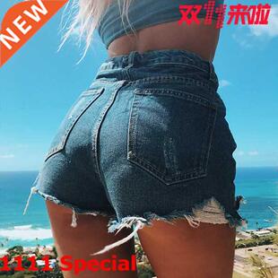 欧美ins复古大码街拍破洞水洗中高腰牛仔短裤女潮热裤潮夏jeans