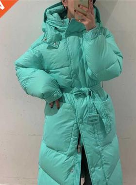 Korean Simple Belt Long Knee Down Jacket Women	s 2021