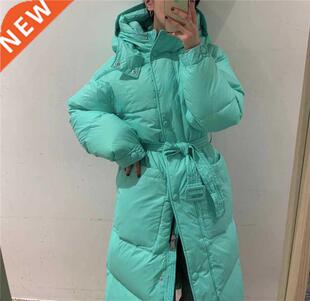 Korean Simple Belt Long Knee Down Jacket Women	s 2021