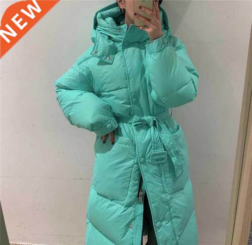 Korean Simple Belt Long Knee Down Jacket Women	s 2021
