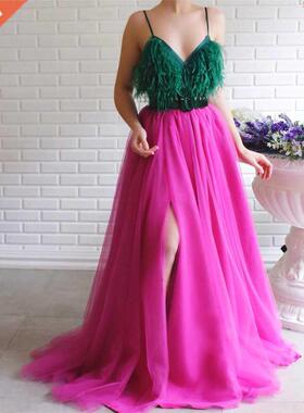 Spaghetti Straps Green and Rose Front Slit A-line Prom Dress