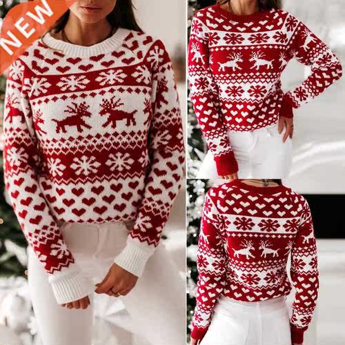 Sweater Women Christmas Deer Knitted Long Sleeve Round Neck