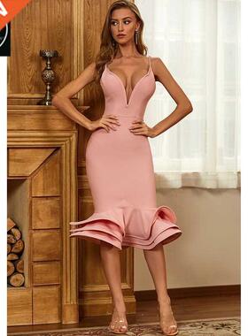 Slip Ruffles Rayon Bandage Dress Elegant Evening Party Dress