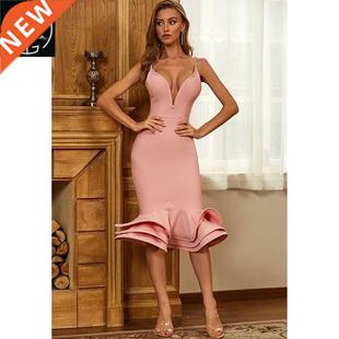 Slip Ruffles Rayon Bandage Dress Elegant Evening Party Dress