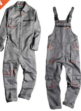 Men Long Sleeve Cargo Overalls Bib Pants Zipper Pockets Romp