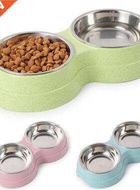 Double Pet Bowls Dog Food Water Feeder Stainless Steel Pet D