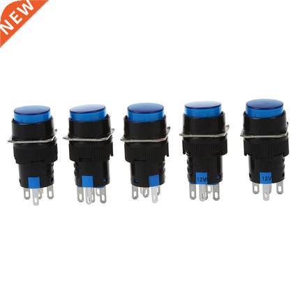 5 x DC 12V Blue Light 5P Momentary Mount Round Button Switch