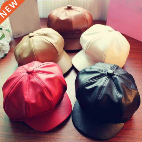 Women Leather Beret with Brim Octagonal Beret Cap Hat Gatsby