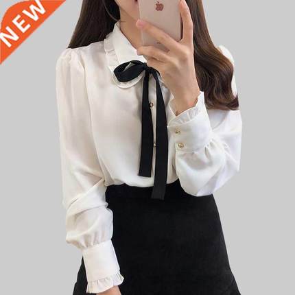 Bow Shirts Woman Long Sleeve Button Chiffon Blouse Women 202