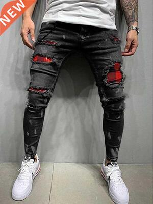 Men's Skinny Ripped Jeans Fashion Grid Beggar Patches Slim F