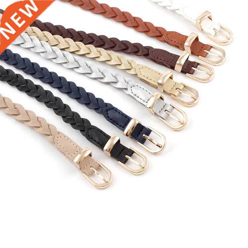 Women's Dress Thin Belt PU Leather Braided Belt Golden Pin B