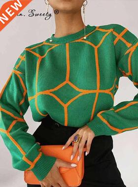 Women Sweater Elegant Pullover Green Striped Knitted Women's