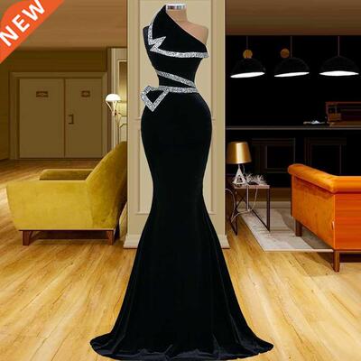 Black Velour One Shoulder Mermaid Evening Dresses Diamond Cu