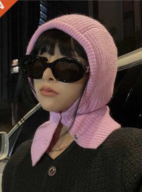 Fashion Buttons Balaclava Women Winter Hat Soft Knitted Cozy