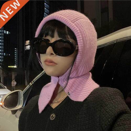 Fashion Buttons Balaclava Women Winter Hat Soft Knitted Cozy