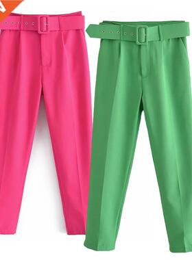 Adherebling Traf Women Trousers with Belt High Waist Spring