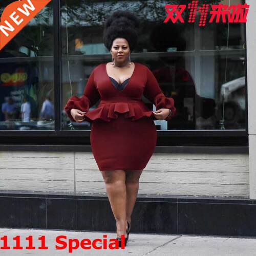 L-4xl large women's dress with puffed sleeves and ruffles非