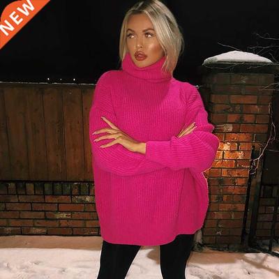High Neck Knitted Women Sweaters Autumn Winter Pink Orange N
