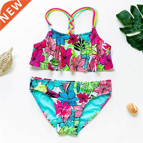 Girls Floral Printing Bathing Suits Ruffle Flounce Two Piece