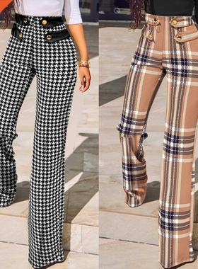 2022 Women Buttoned High Waist Wide Leg Tailored Pants Sprin
