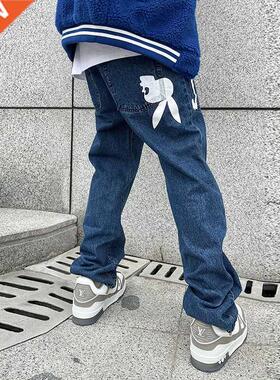 High Street Letter Print Straight Ripped Loose Jeans Pants f