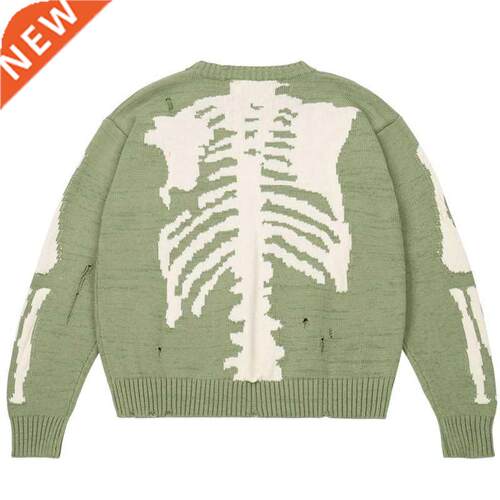 Men Sweater Green Loose Skeleton Bone Printing Woman High Qu